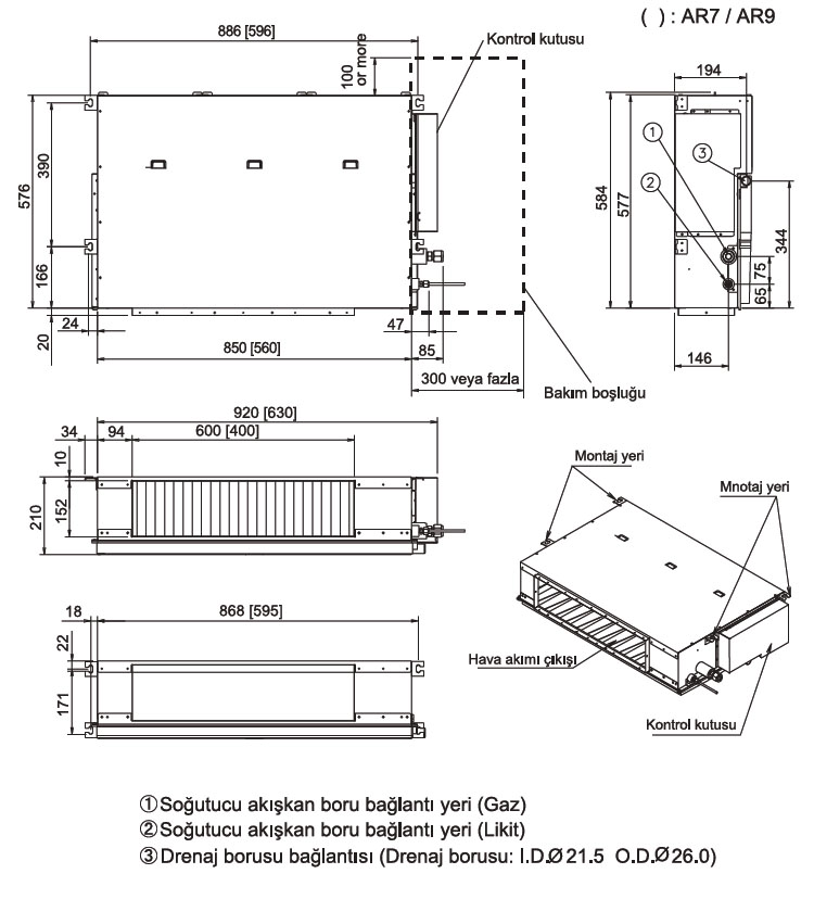 Fujitsu VRF J Serisi/ İç Ünite Kanal Tipi (Kompakt) Boyutları